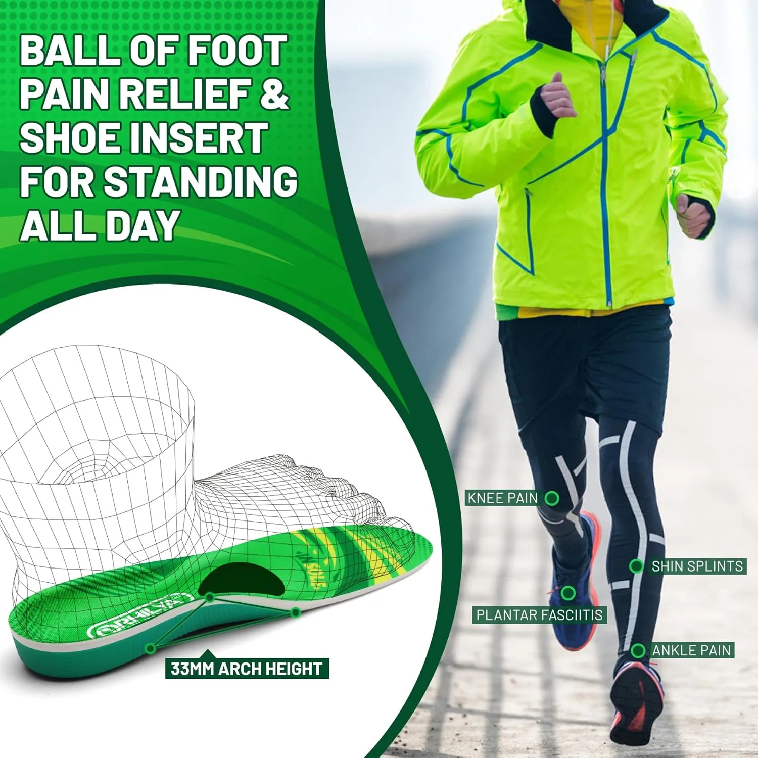 220lbs  Plantar Fasciitis Relief Arch Support Insert Metatarsal Pain Orthopedic Insole Men Women Standing All Day, Flat Feet Heel Spur Comfort Work Boot Shoe PU Insole Cushion, Green Size 8