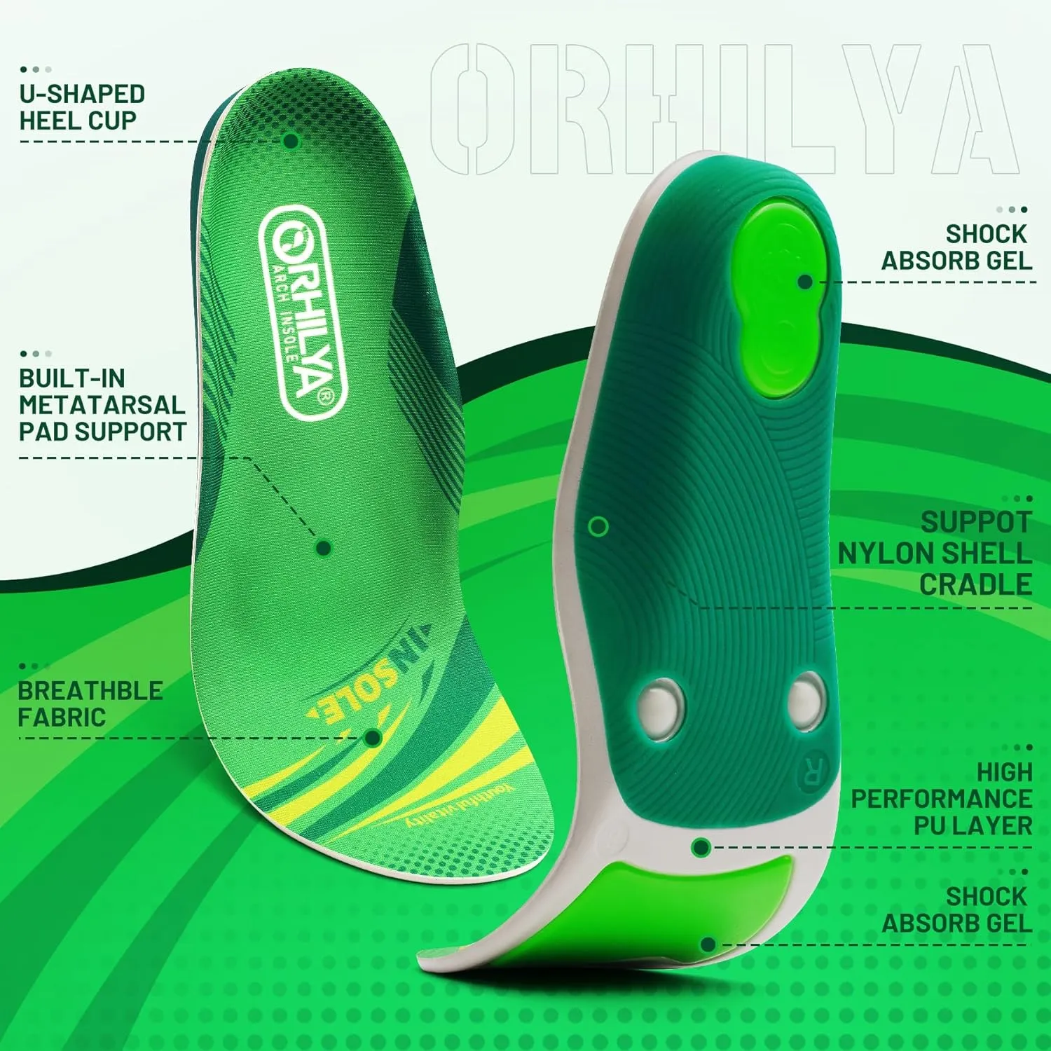 220lbs  Plantar Fasciitis Relief Arch Support Insert Metatarsal Pain Orthopedic Insole Men Women Standing All Day, Flat Feet Heel Spur Comfort Work Boot Shoe PU Insole Cushion, Green Size 8