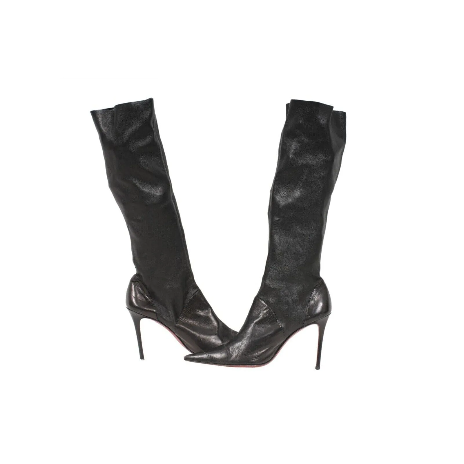 Black Leather Hook Eye Knee High Boots