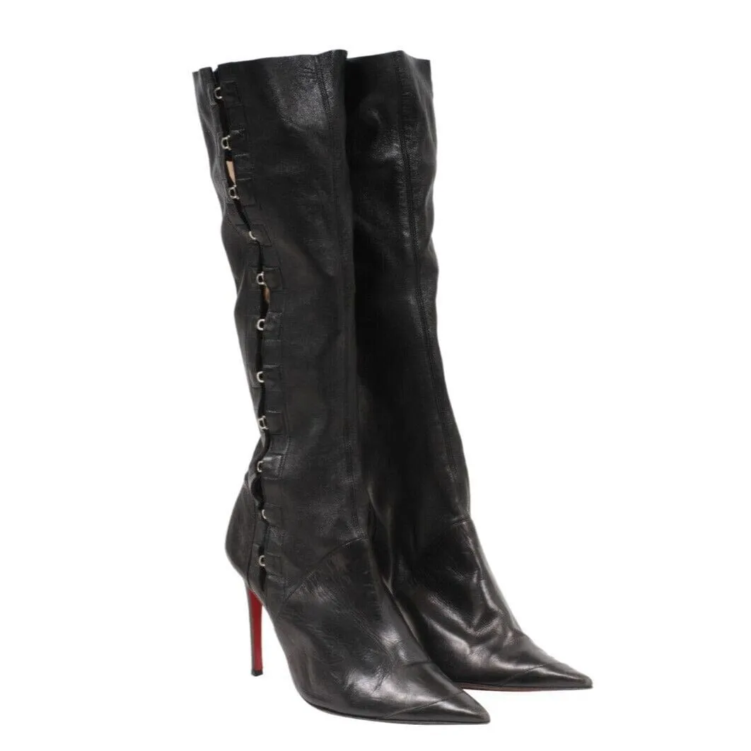 Black Leather Hook Eye Knee High Boots