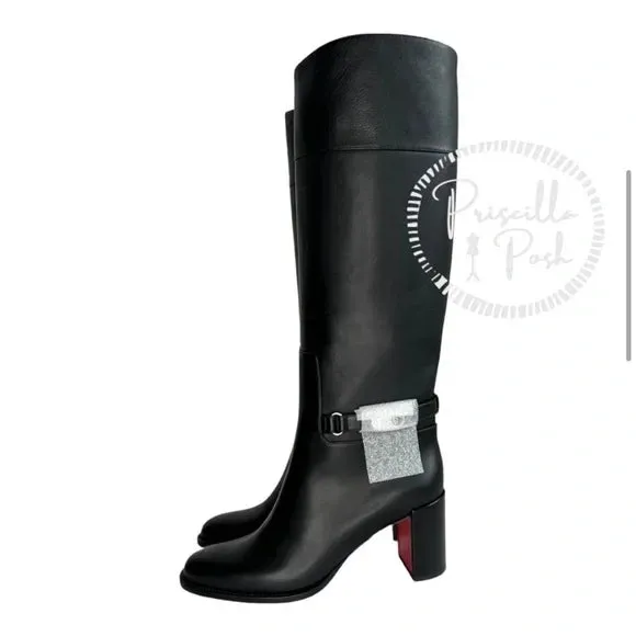 Christian Louboutin Black Lock 70 Leather Knee-high Boots Tall Block heel 36