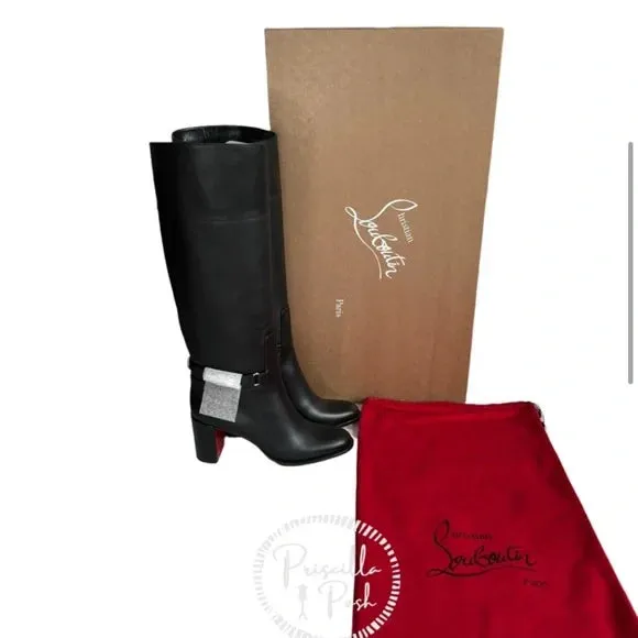 Christian Louboutin Black Lock 70 Leather Knee-high Boots Tall Block heel 36
