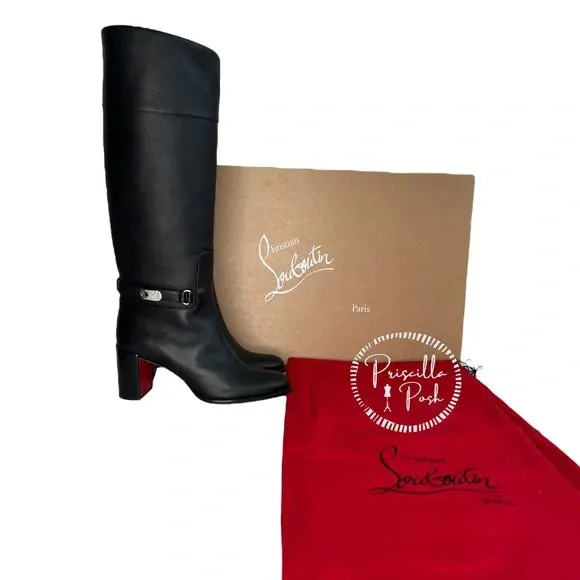 Christian Louboutin Black Lock 70 Leather Knee-high Boots Tall Block heel 36
