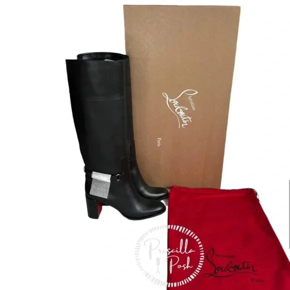 Christian Louboutin Black Lock 70 Leather Knee-high Boots Tall Block heel 36