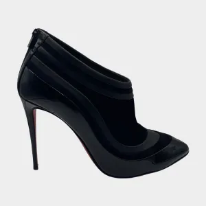 Christian Louboutin low cut black suede ankle boots with patent leather bottom panel