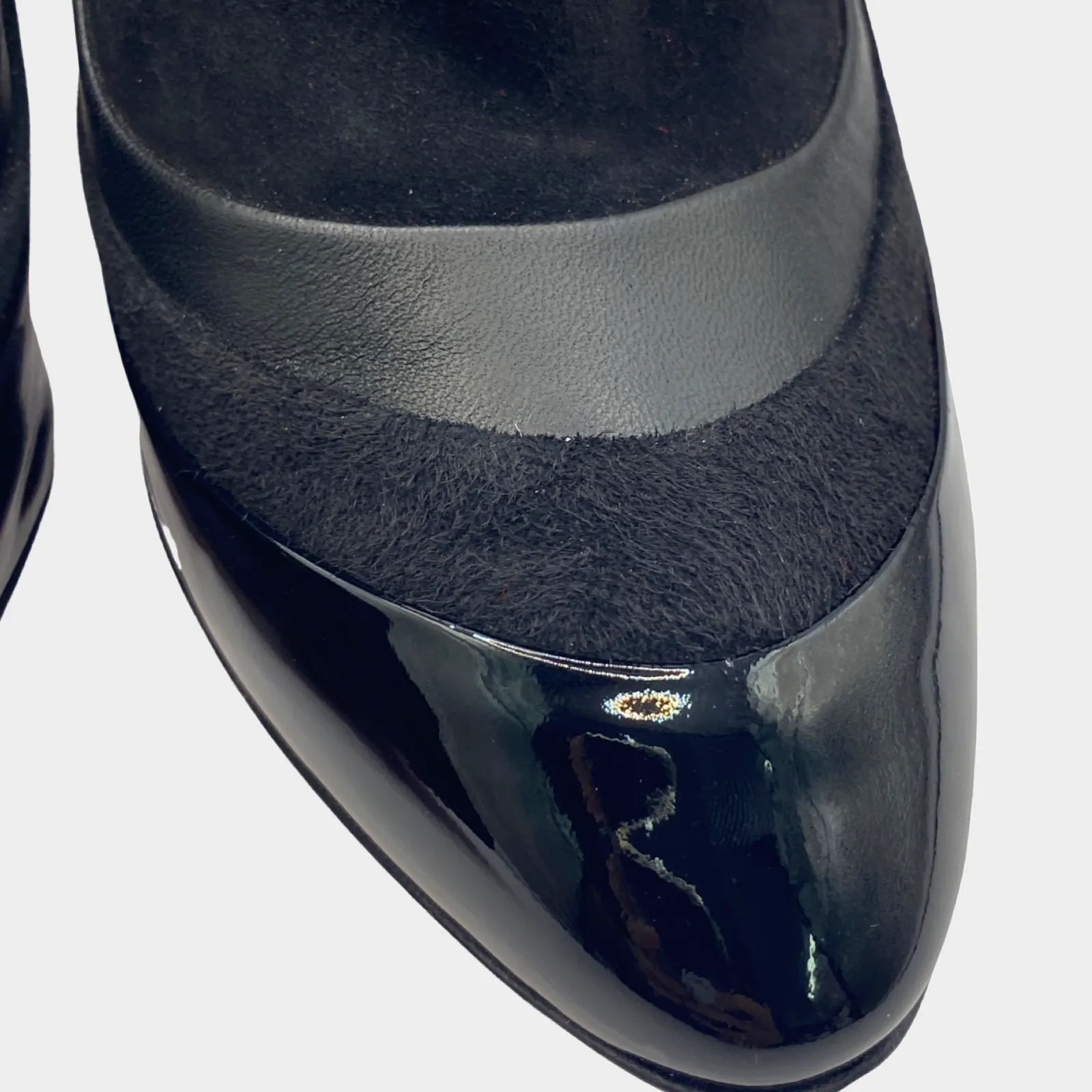 Christian Louboutin low cut black suede ankle boots with patent leather bottom panel