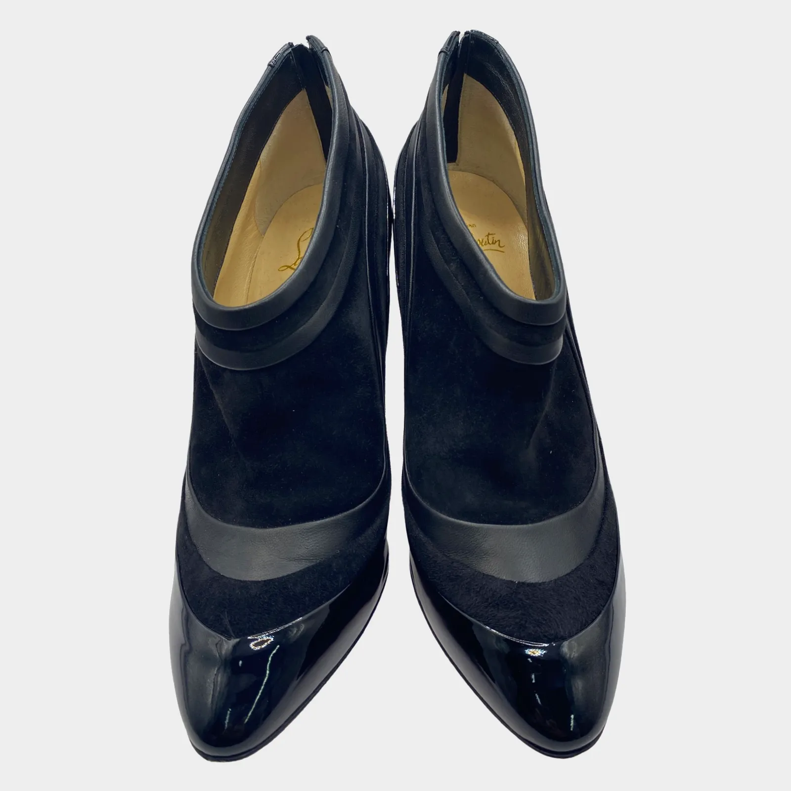 Christian Louboutin low cut black suede ankle boots with patent leather bottom panel