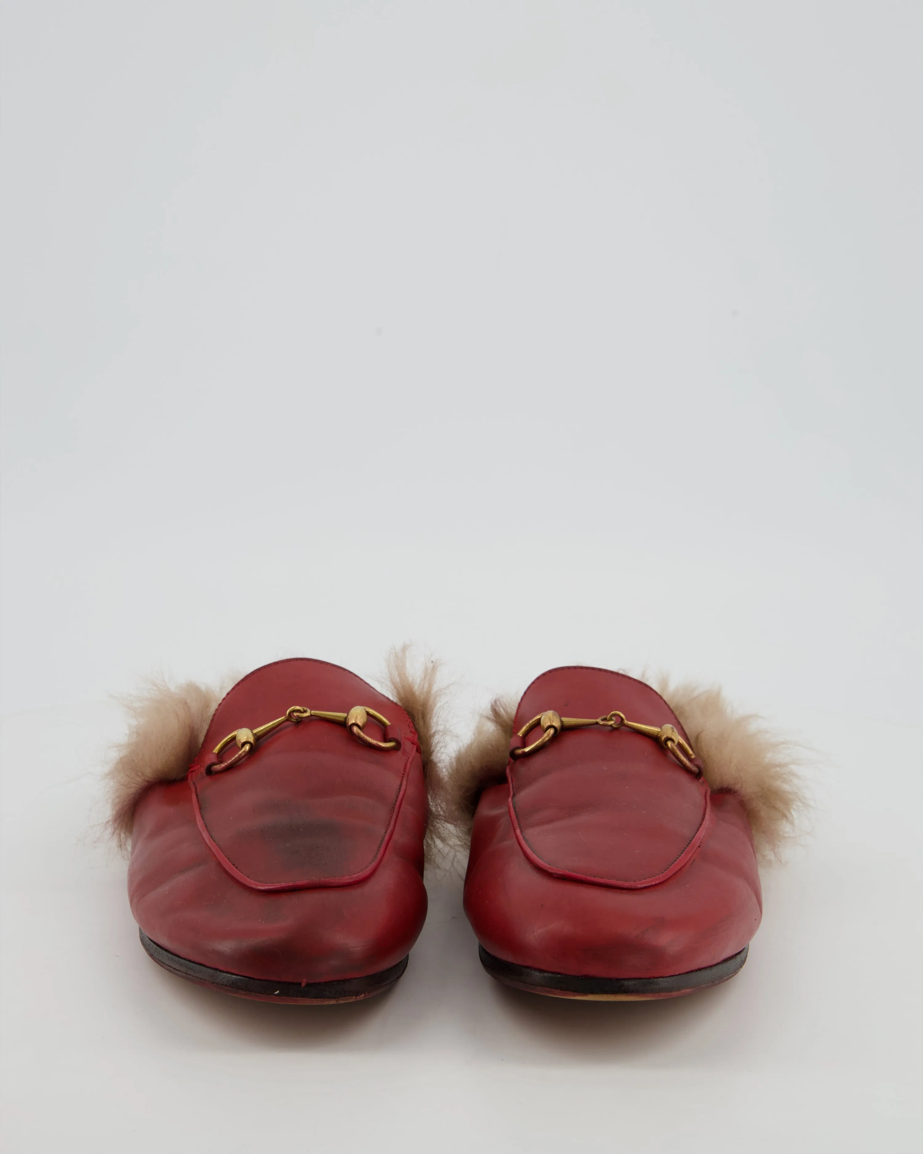 *FIRE PRICE* Gucci Burgundy Princetown Horsebit Shearling-Lined Leather Backless Loafers Size EU 39 RRP ?815