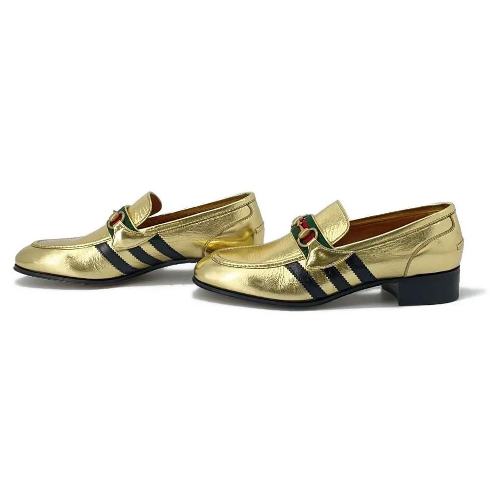 Gucci Adidas Collaboration Horsebit Loafers Gold 702283 MetalicLeather Size 8