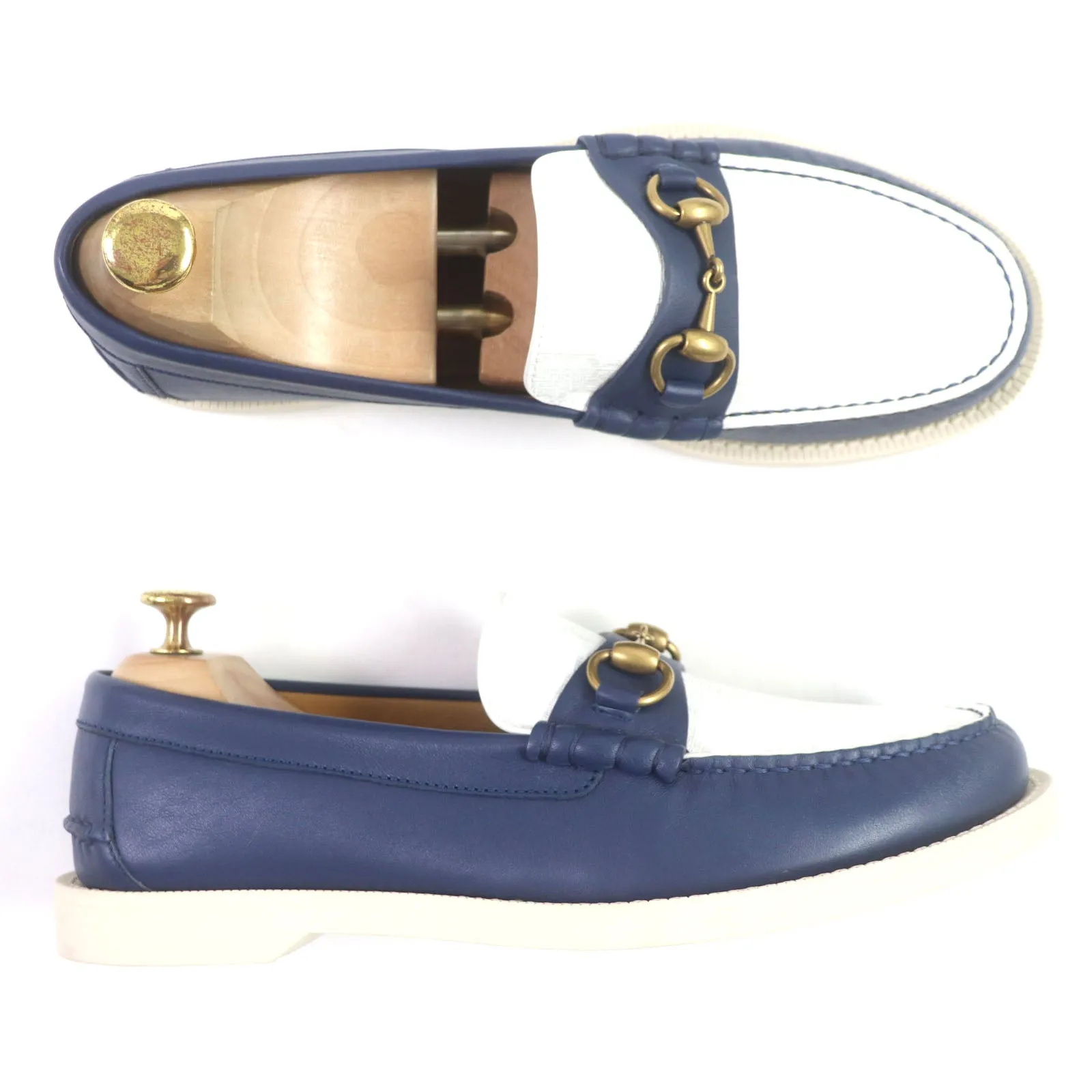 GUCCI loafers 695049 leather White navy 7 1/2