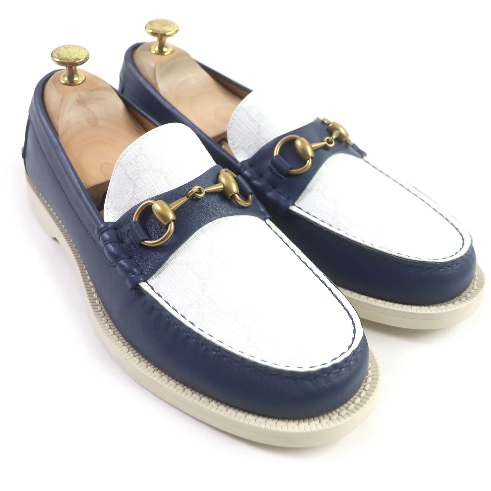 GUCCI loafers 695049 leather White navy 7 1/2
