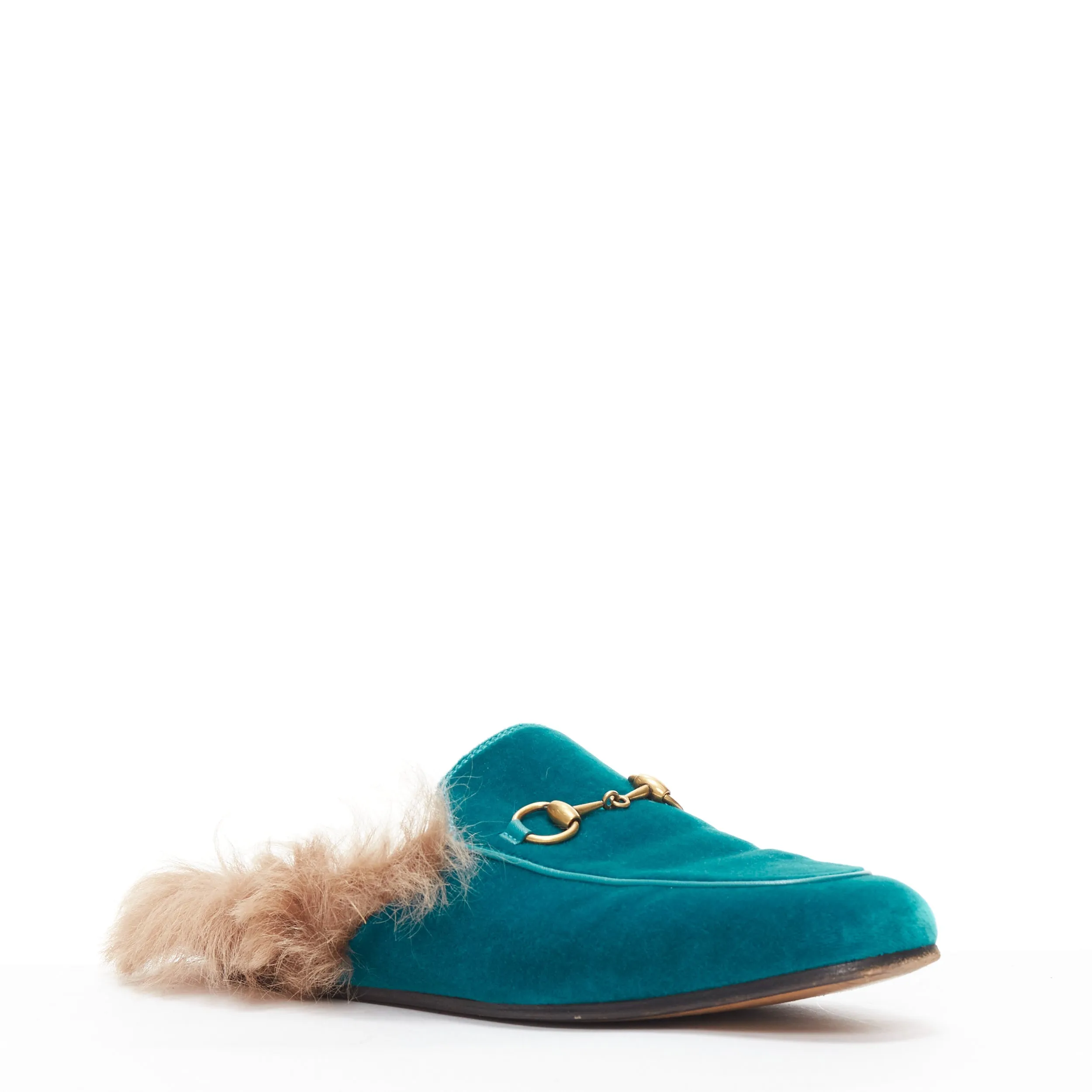 GUCCI Princetown green velvet horse bit buckle fur lined slide loafers EU37