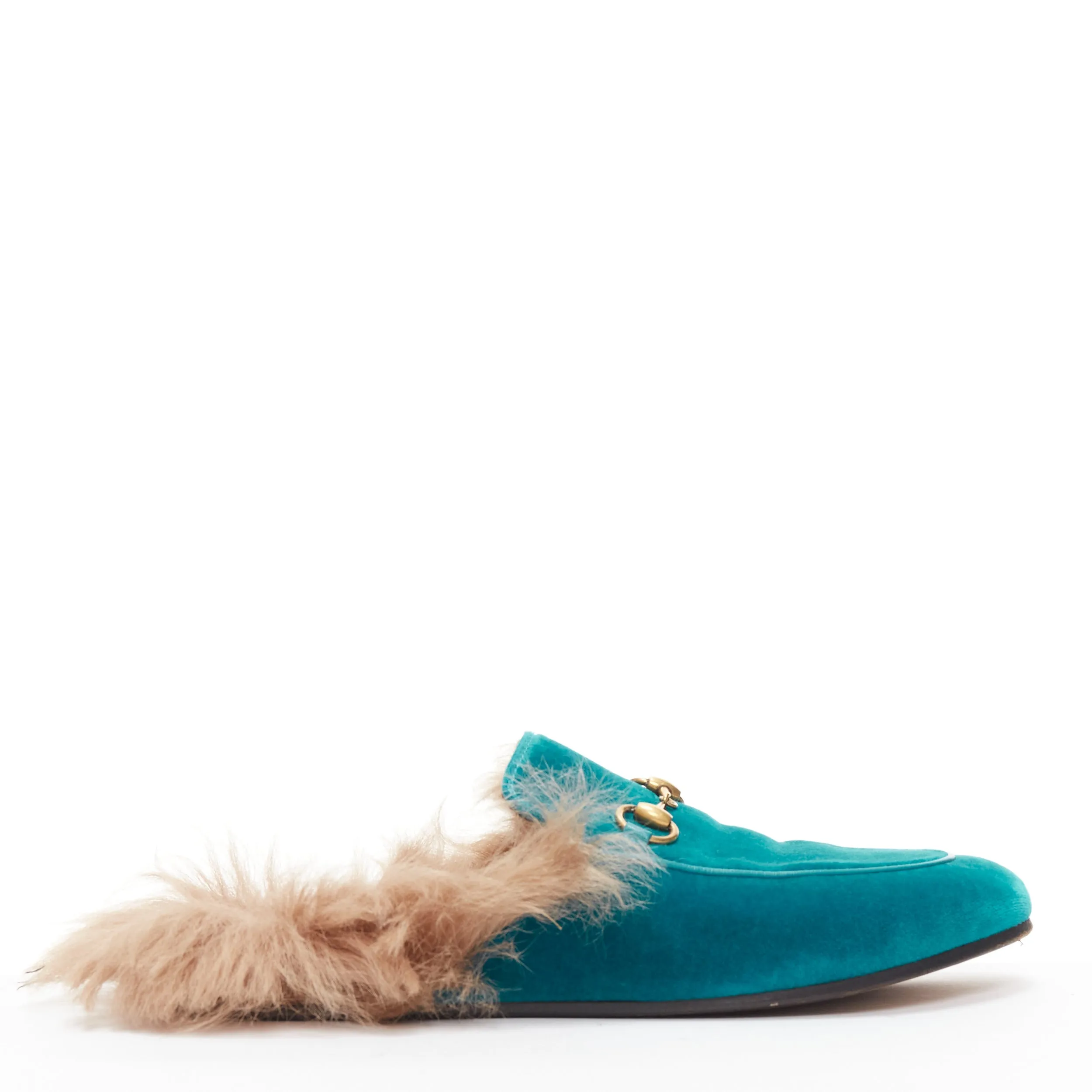 GUCCI Princetown green velvet horse bit buckle fur lined slide loafers EU37