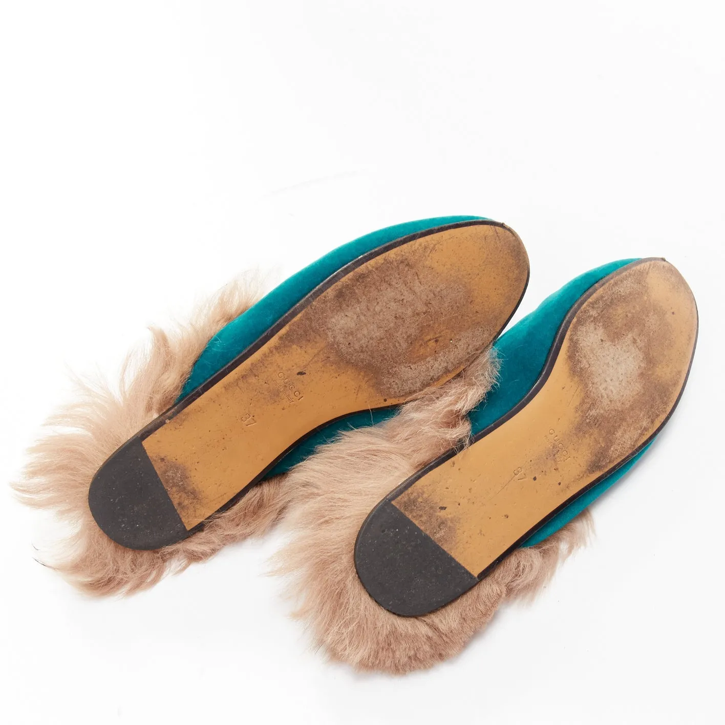 GUCCI Princetown green velvet horse bit buckle fur lined slide loafers EU37