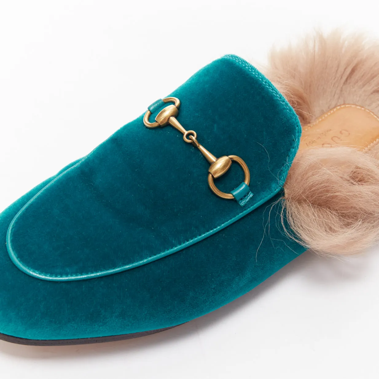 GUCCI Princetown green velvet horse bit buckle fur lined slide loafers EU37