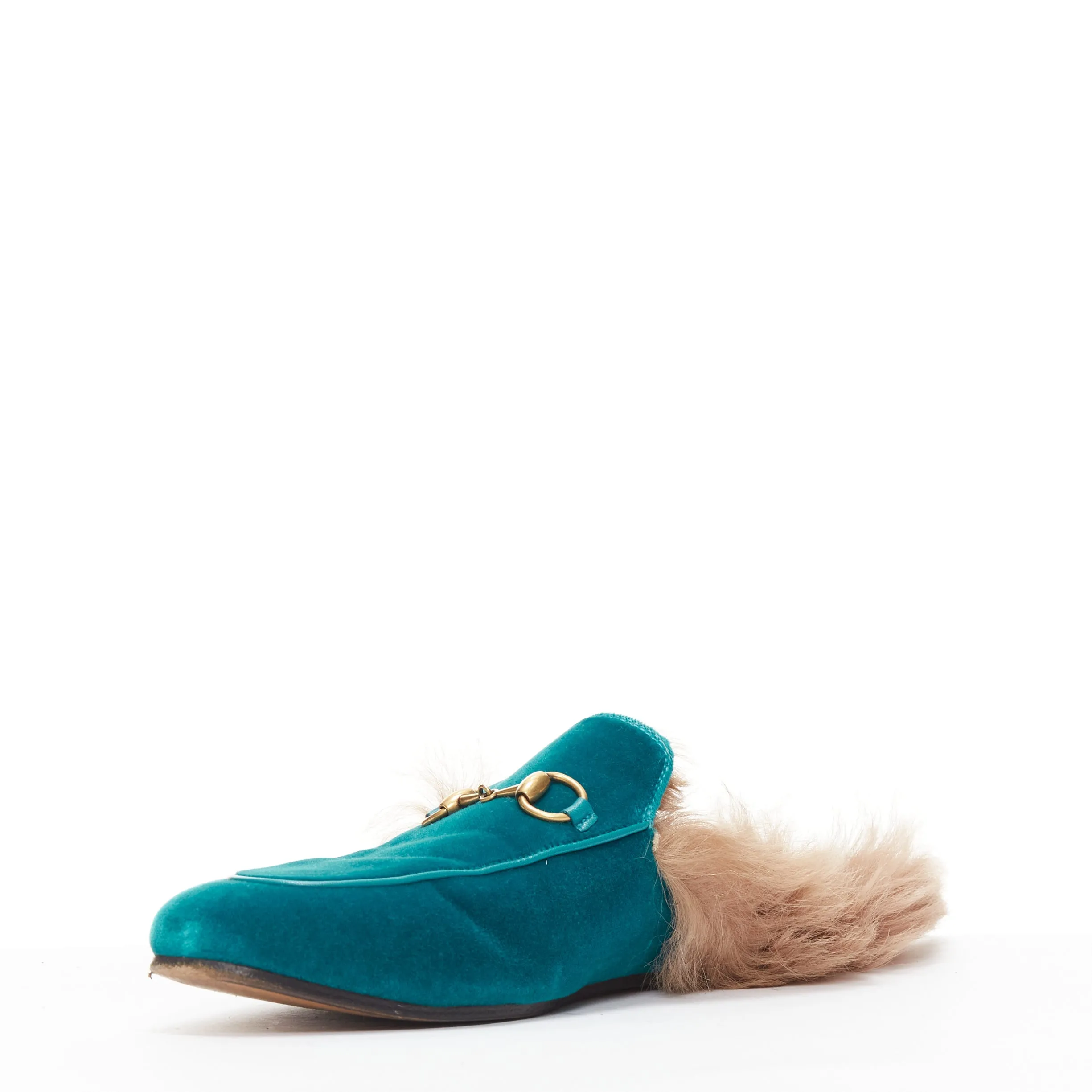GUCCI Princetown green velvet horse bit buckle fur lined slide loafers EU37