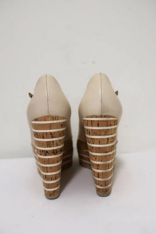 Gucci Striped Wedge Mary Jane Pumps Eilin Cream Leather & Tan Patent Size 38