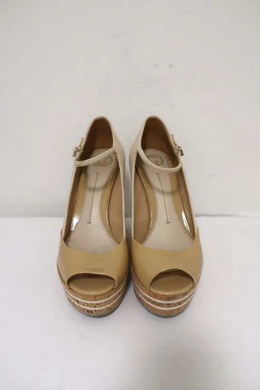 Gucci Striped Wedge Mary Jane Pumps Eilin Cream Leather & Tan Patent Size 38