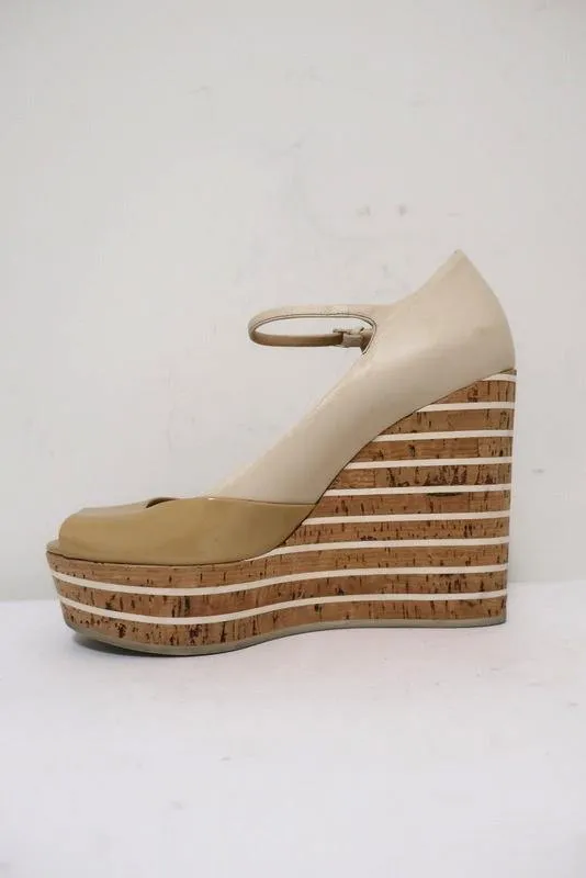Gucci Striped Wedge Mary Jane Pumps Eilin Cream Leather & Tan Patent Size 38