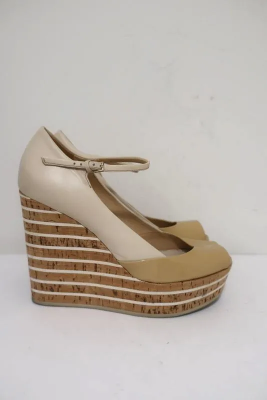 Gucci Striped Wedge Mary Jane Pumps Eilin Cream Leather & Tan Patent Size 38
