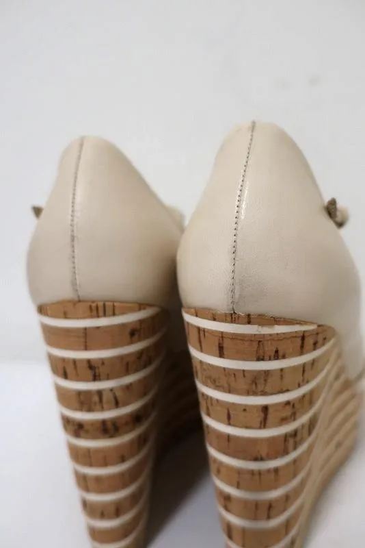 Gucci Striped Wedge Mary Jane Pumps Eilin Cream Leather & Tan Patent Size 38