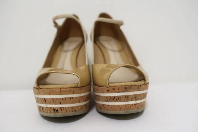 Gucci Striped Wedge Mary Jane Pumps Eilin Cream Leather & Tan Patent Size 38