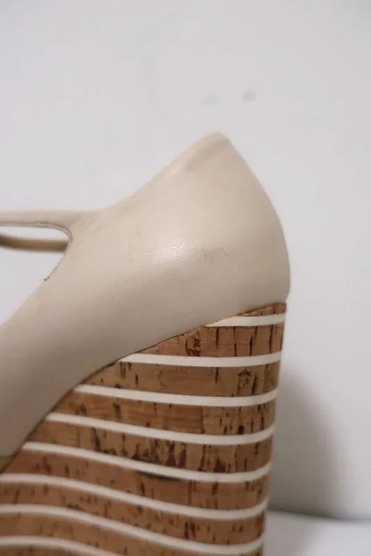 Gucci Striped Wedge Mary Jane Pumps Eilin Cream Leather & Tan Patent Size 38