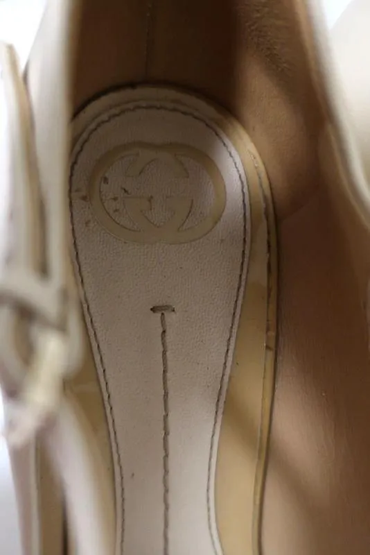 Gucci Striped Wedge Mary Jane Pumps Eilin Cream Leather & Tan Patent Size 38