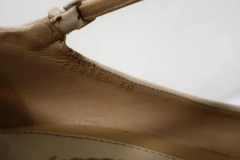 Gucci Striped Wedge Mary Jane Pumps Eilin Cream Leather & Tan Patent Size 38