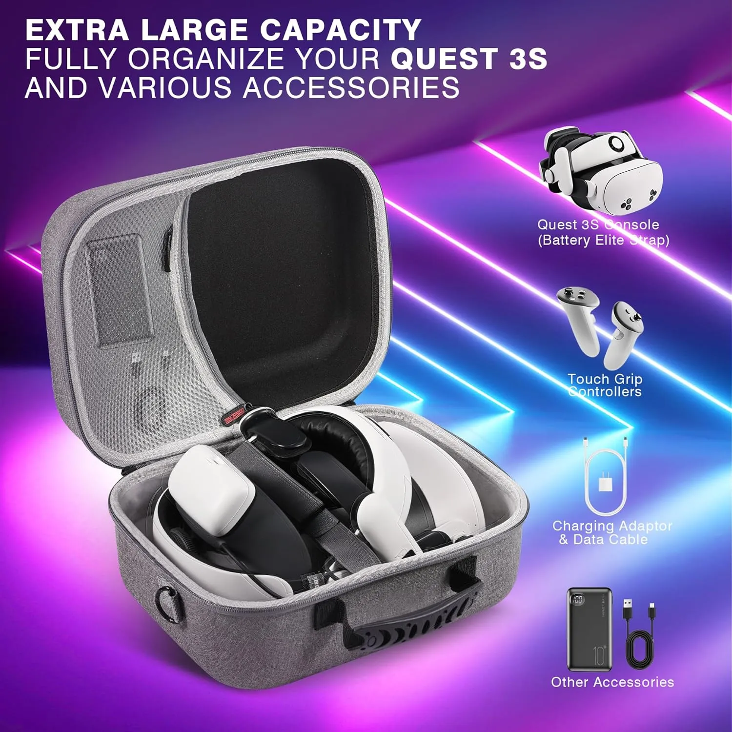 Large Carrying Case for Meta Quest 3/3S with Battery Strap, BOBOVR S3 PRO Elite Head Strap, VR Storage Bag for Oculus Headset, Controllers, Adapter and Other Accessories